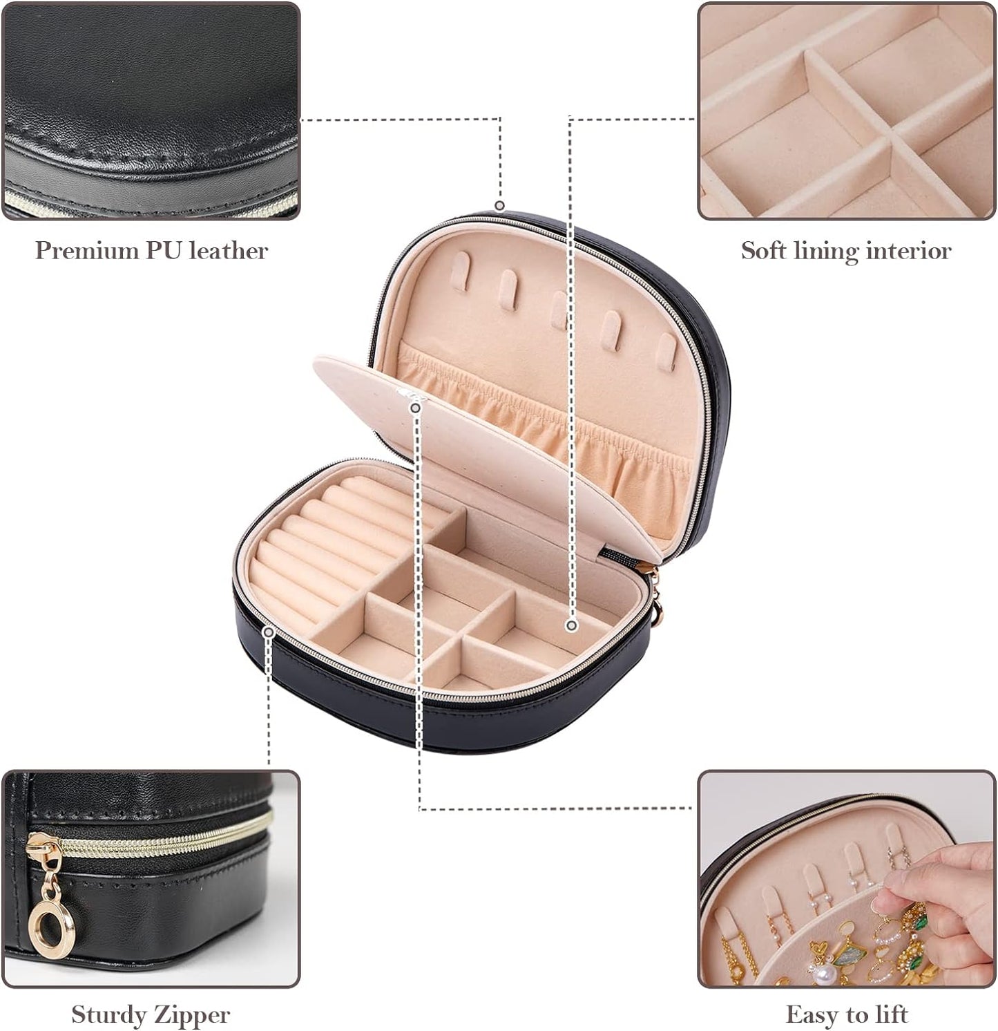 Travel Size Jewelry Box, Medium Portable Seashell-Shaped Jewelry Case, 2 Layer Jewelry Organizer in PU Leather for Women -Black