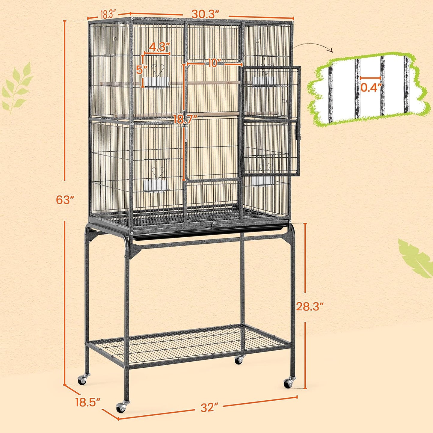 63-Inch Wrought Iron Rolling Large Bird Cage for African Grey Small Quaker Amazon Parrots Cockatiels Sun Parakeet Green Cheek Conure Lovebird Budgie Finch Canary Bird Flight Cage with Stand