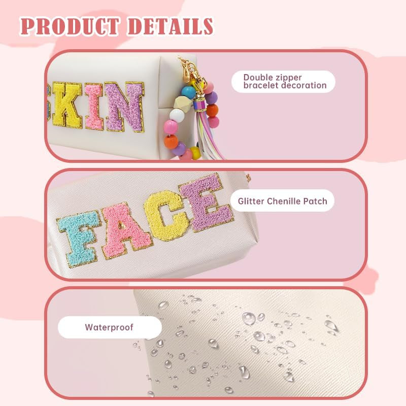 2 Preppy Patch Makeup Bag Chenille Letters Cosmetic Bag Personalized Initial Cute Face Skin Pu Leather Portable Waterproof Toiletry Bag with 1Silicone Keychain Travel Make up Bag for Women Teen Girls