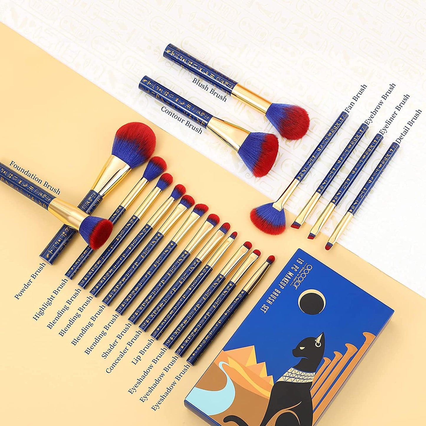 Makeup Brushes 19Pcs Ancient Egyptian Makeup Brush Set Premium Gift Synthetic Powder Kabuki Foundation Contour Blush Concealer Eye Shadow Blending Liner Make up Brush Kit