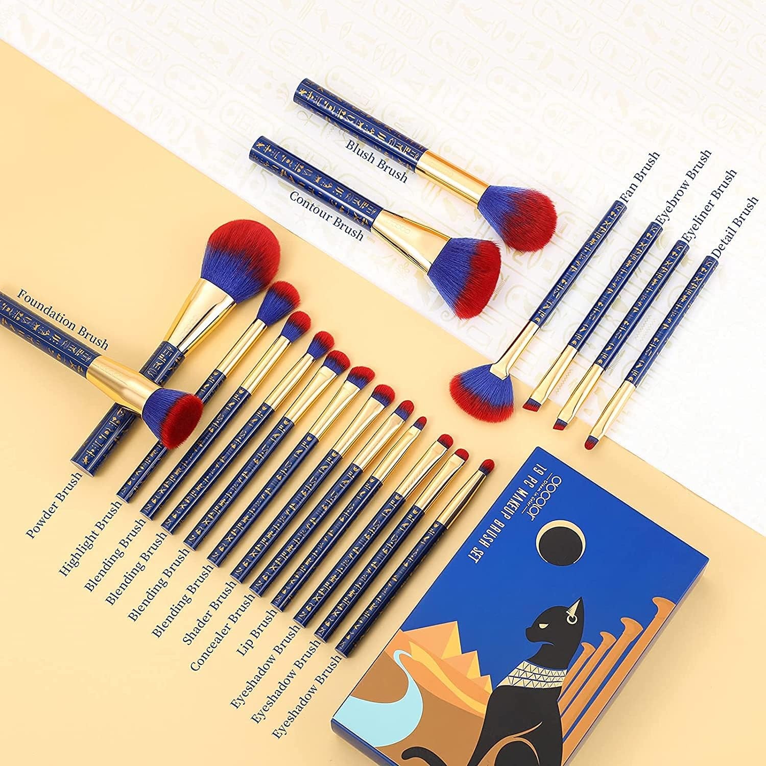 Makeup Brushes 19Pcs Ancient Egyptian Makeup Brush Set Premium Gift Synthetic Powder Kabuki Foundation Contour Blush Concealer Eye Shadow Blending Liner Make up Brush Kit